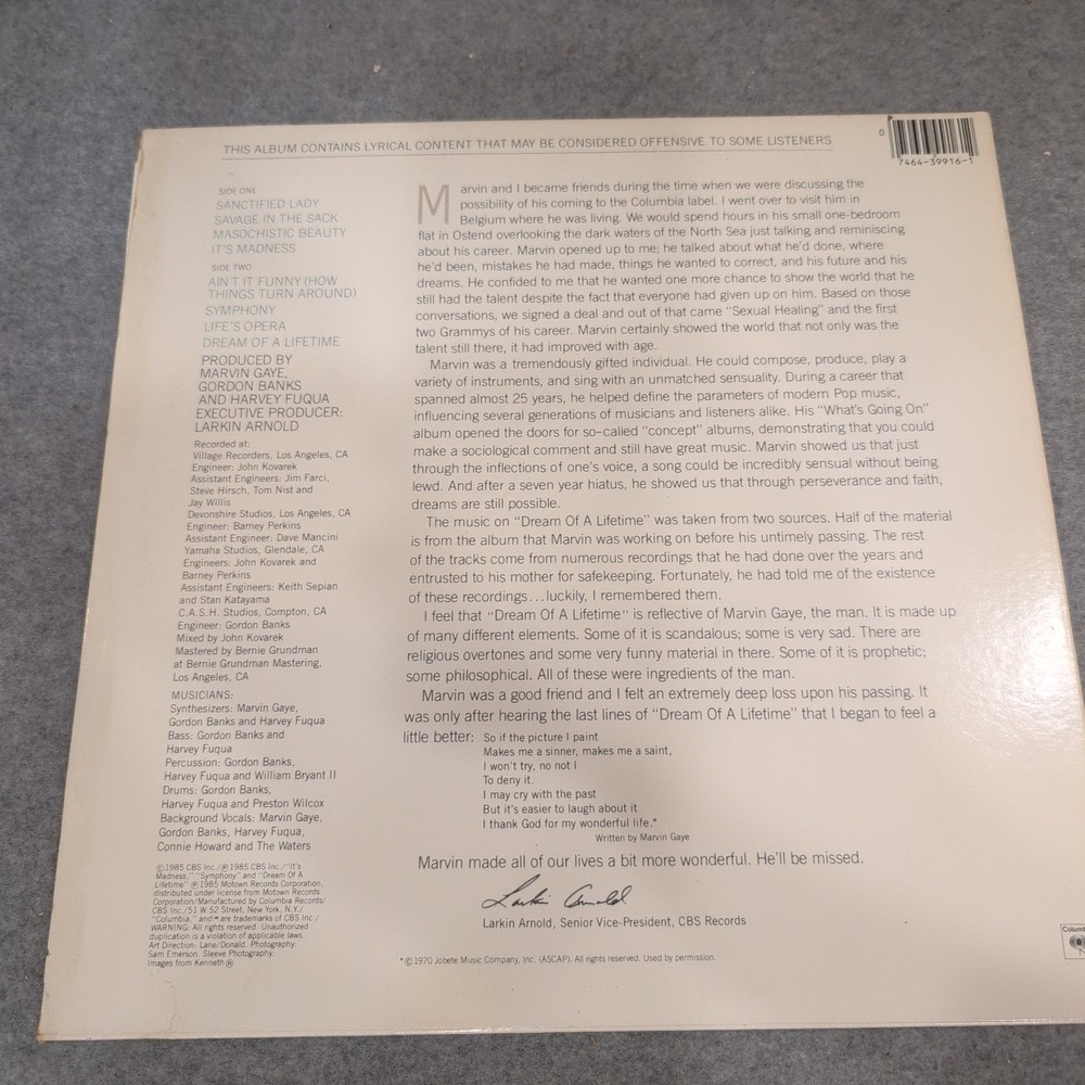 Marvin Gaye Dream of a Lifetime Vinyl LP Columbia FC 39916 1985 Soul Funk R&B - Picture 2 of 6